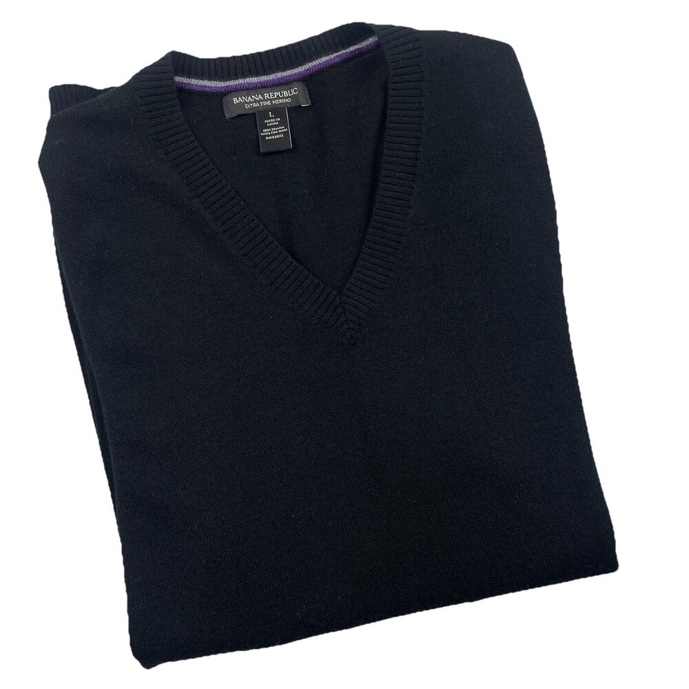 Banana Republic Men’s Merino Wool V-Neck Sweater Black Career Preppy -L